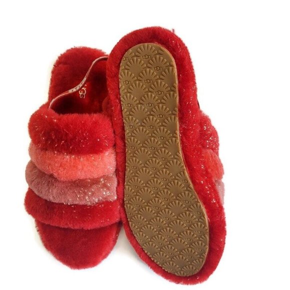 UGG Womens Size 6 Fluff Yeah Metallic Sparkle Slide Backstrap Slippers Red Multi - Picture 7 of 8